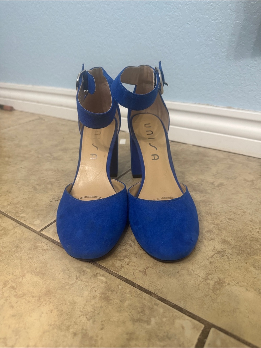Unisa Royal Blue Suede Ankle-Strap Block Heels